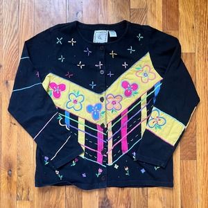 Vintage Michael Simon Lite Colorful Embroidered Flower Button Front Cardigan